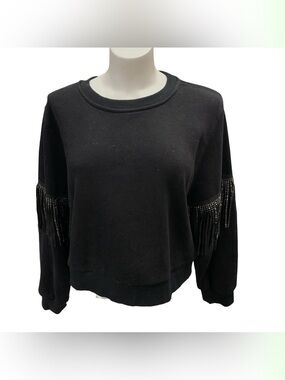 Cloud Ten Black Fringe Rhinestone Sleeve Sweatshirt Size M